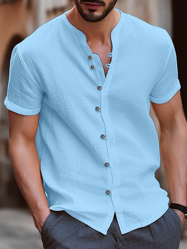 Men's Casual Button V Neck Short Sleeve Plain Linen Shirt