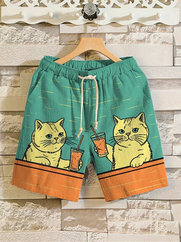 Men's Cocktail Cheers Vintage Style Illustration Print Linen Blend Shorts