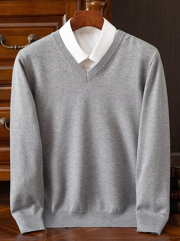 Men's Business Casual Solid Color Long Sleeve V Neck Pullover Sweater