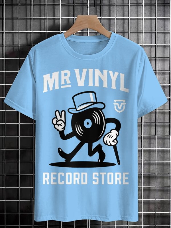 Men's Mr Vinyl Record Store Print Cotton Casual T-Shirt