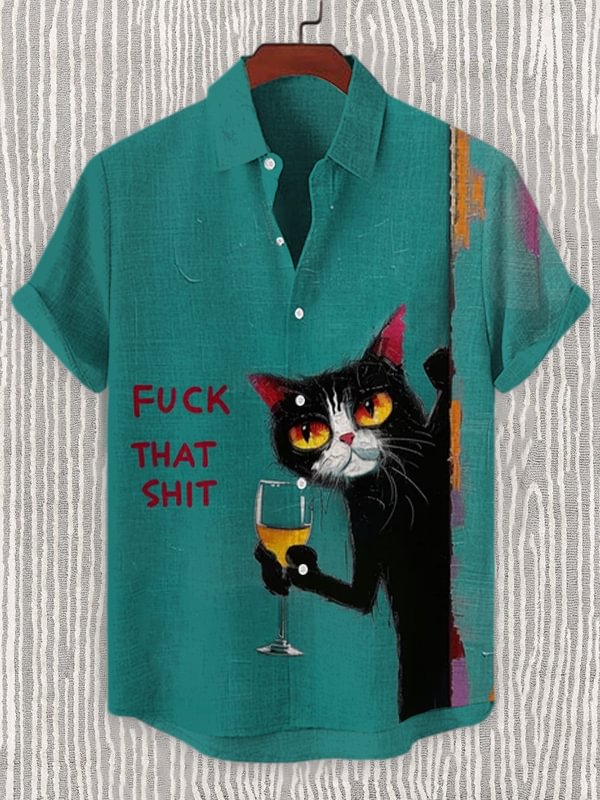 Men's Black Cat Cocktail Fuck That Shit Print Linen Blend Shirt