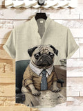 Men's Pug Dog At The Office Print Linen Blend Shirt