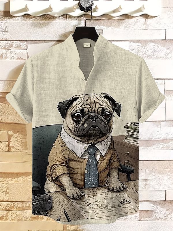 Men's Pug Dog At The Office Print Linen Blend Shirt