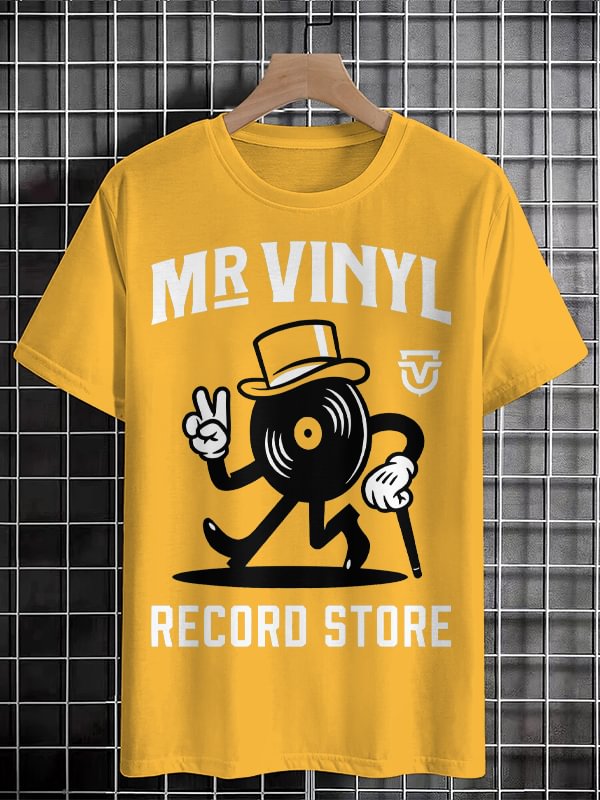 Men's Mr Vinyl Record Store Print Cotton Casual T-Shirt