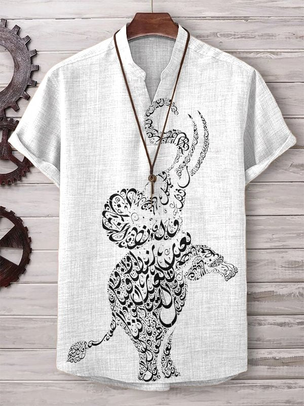 Men's Calligraphy Art Elephant Print Casual V Neck T-Shirt
