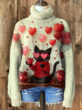 Women's Black Cat Drinking Coffee Heart Balloon Valentine's Day Print High Neck Knit Sweatshirt