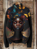 Women's Black Woman with Afro Hairstyle Butterfly Black Art Print Knit Sweatshirt