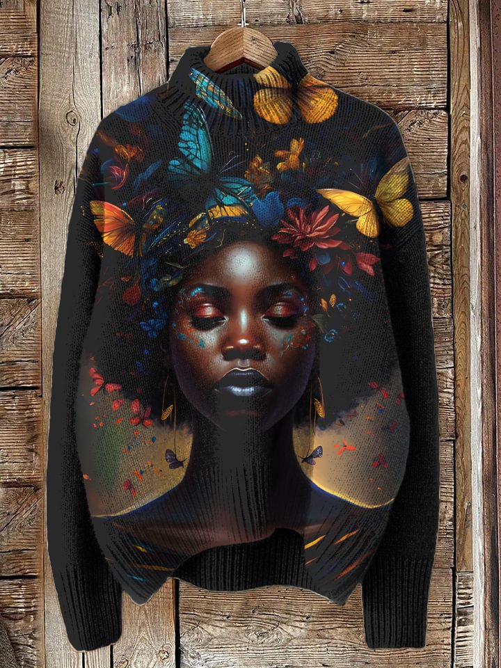 Women's Black Woman with Afro Hairstyle Butterfly Black Art Print Knit Sweatshirt