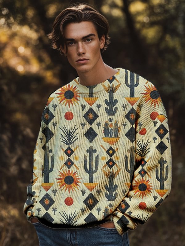 Men's Western Desert Cactus Sun Graphic Print Knit Sweatshirt