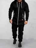 Men's Casual Solid Color Zipper Pocket Fleece Hooded Jumpsuit