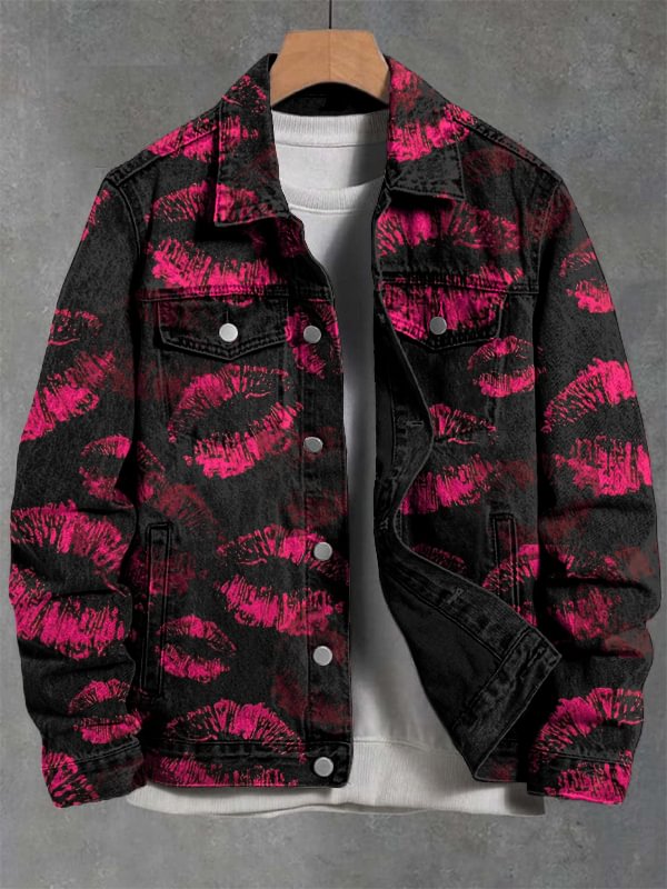 Men's Hickey Lip Print Denim-Like Long Sleeve Shirt