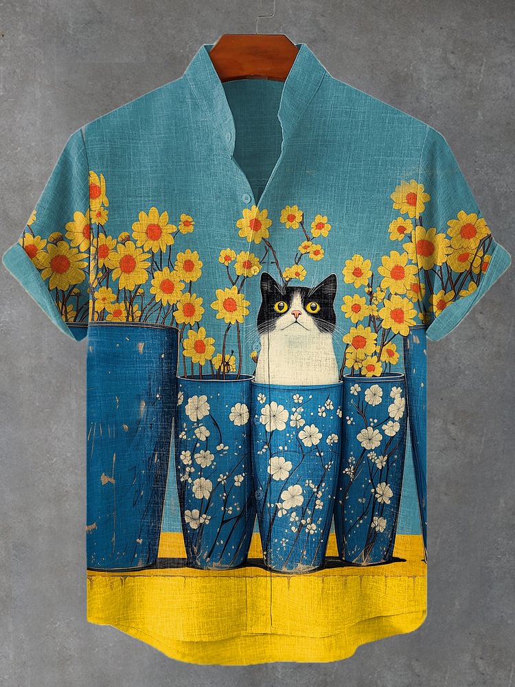 Men's Fun Boho Flowers Vase Cat Art Print Casual Shirt
