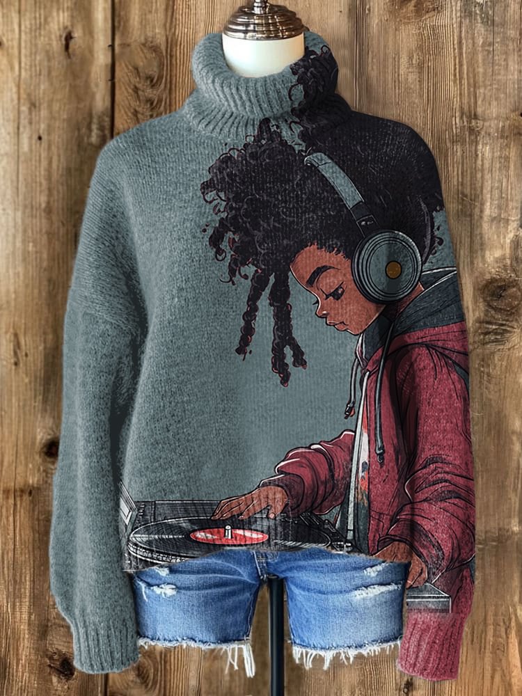 Women's Afro Kid Music Lover Print High Neck Knit Sweatshirt