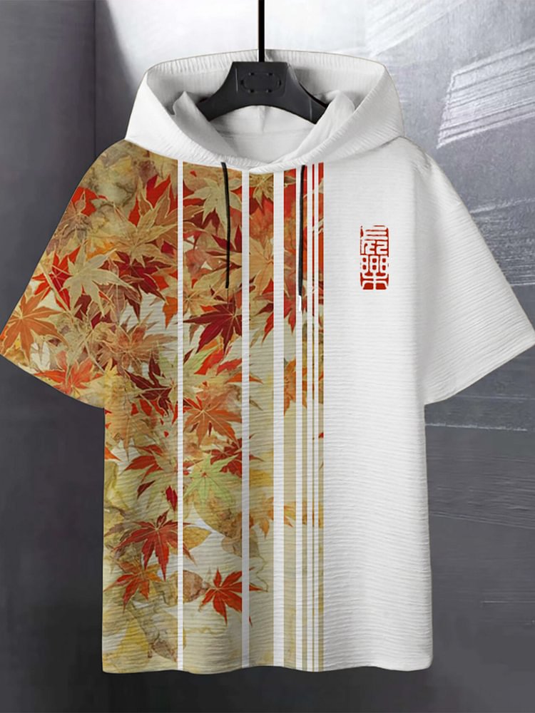 Men's Japanese Art Maple Leaf Patchwork Striped Print Hooded T-Shirt