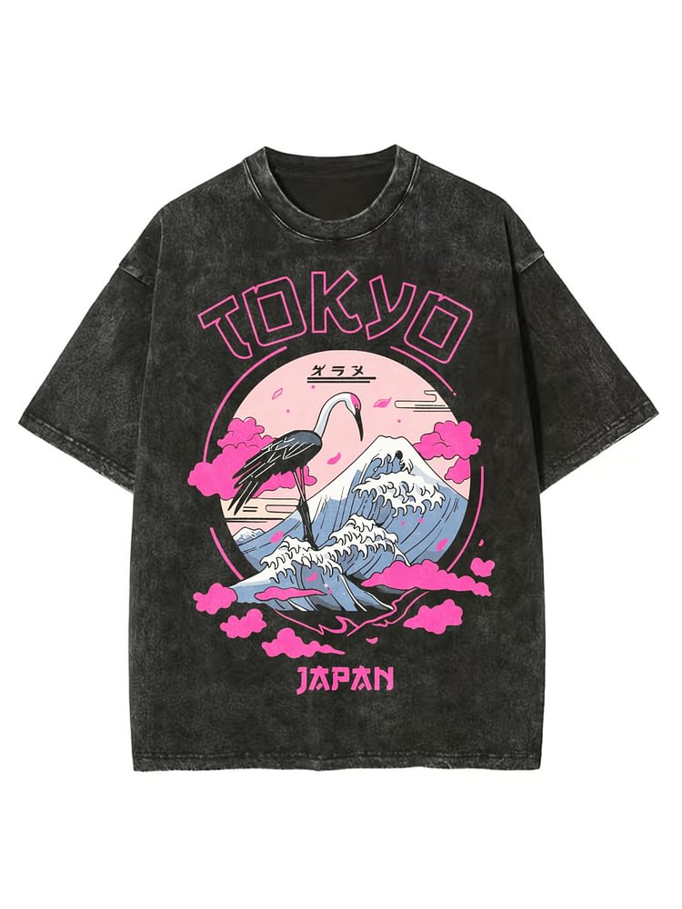 Men's Japan Tokyo Crane Art Print Casual T-Shirt