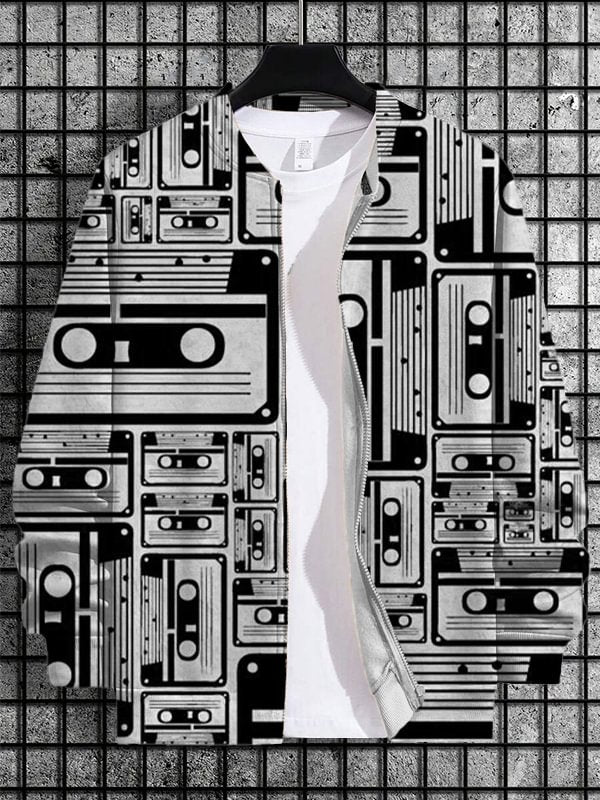 Men's Retro Cassette Art Print Casual Zip Up Jacket