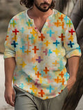 Men's Rainbow Color Cross Oil Painting Print V Neck Long Sleeve T-Shirt