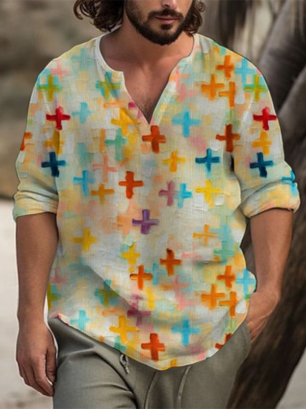 Men's Rainbow Color Cross Oil Painting Print V Neck Long Sleeve T-Shirt