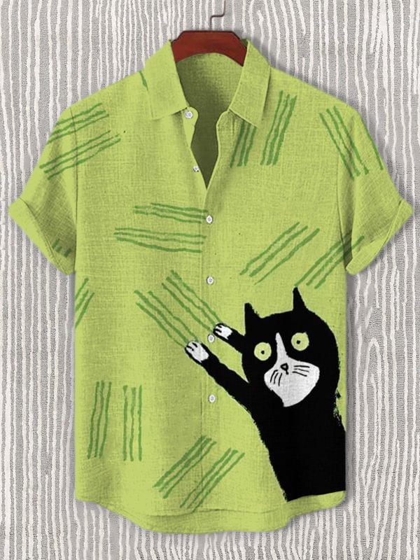 Men's Naughty Cat Likes To Scratch Art Print Casual Shirt