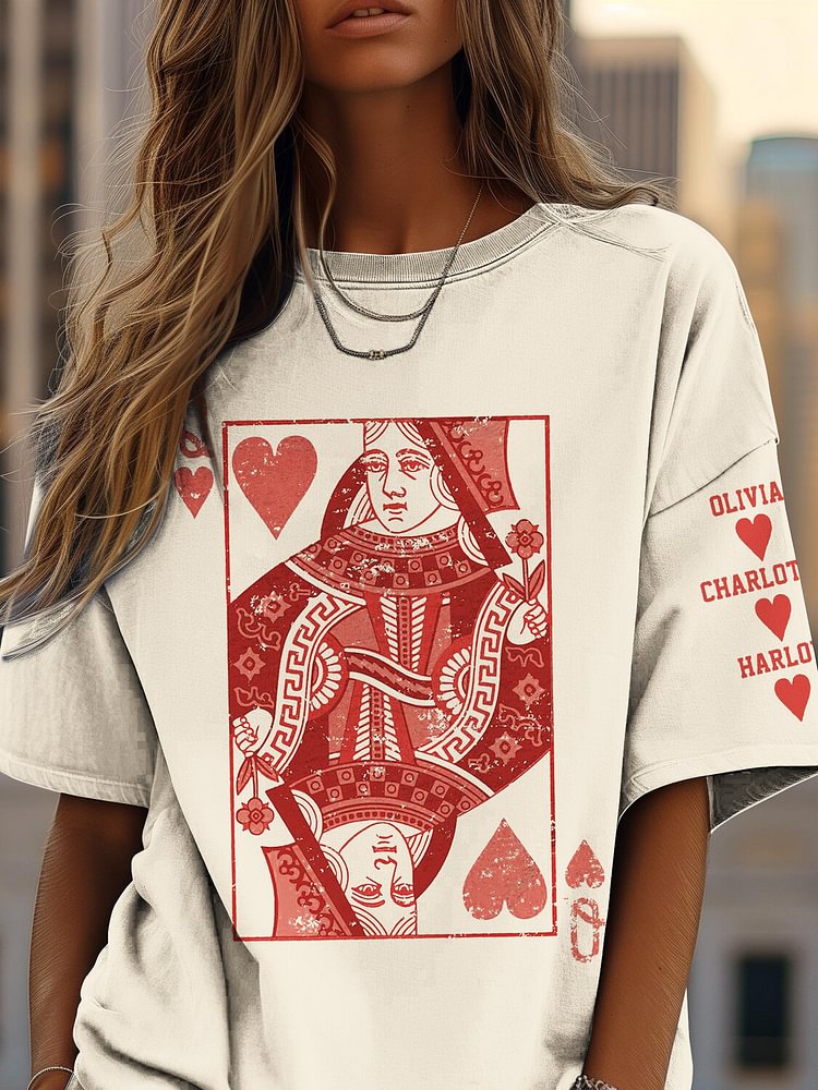 Women's Queen of Hearts Playing Card Print Cotton Casual T-Shirt