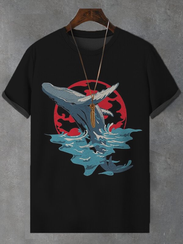 Men's Whale Jumps Up in Japanese Art Print Casual T-Shirt