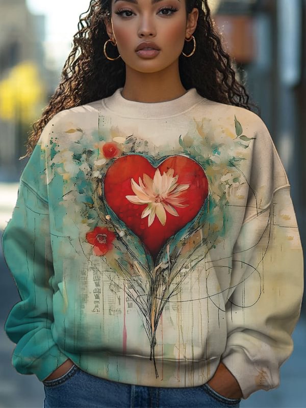 Women's Graffiti Love Lotus Valentine's Day Art Print Casual Sweatshirt