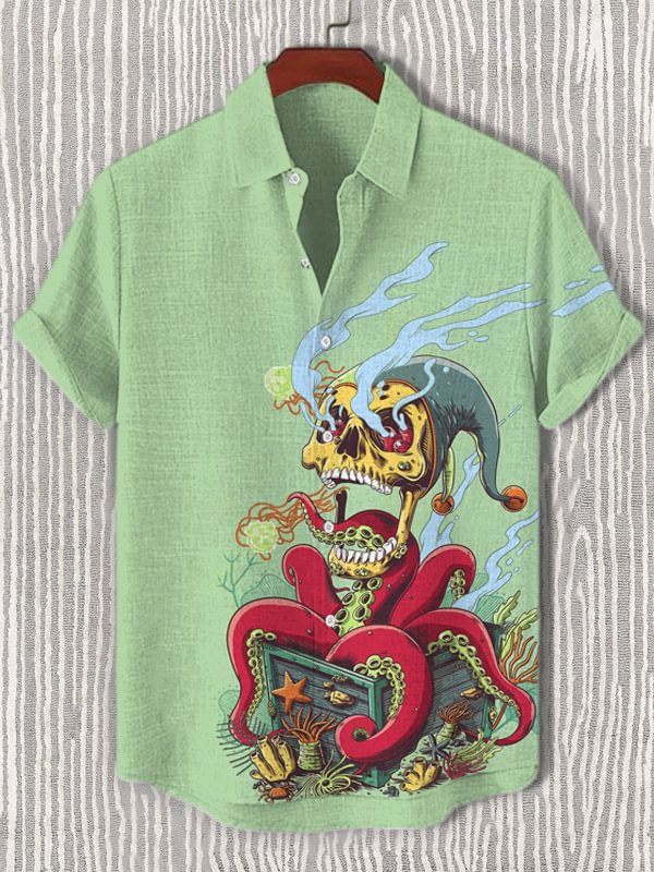 Men's Ocean Halloween Skull Octopus Tentacles Print Casual Shirt