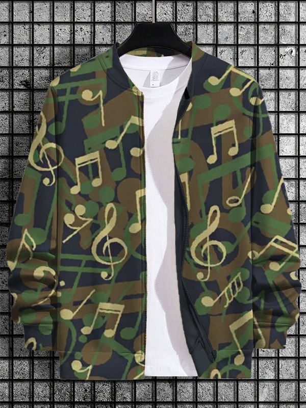 Men's Music Note Camouflage Print Casual Zip Up Jacket