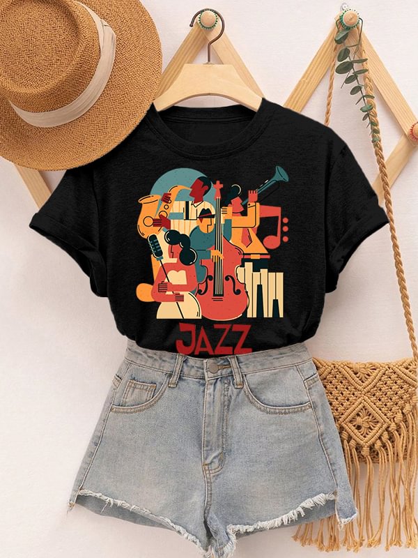 Women's Retro Instrumental Music Playing Jazz Print Cotton Casual T-Shirt