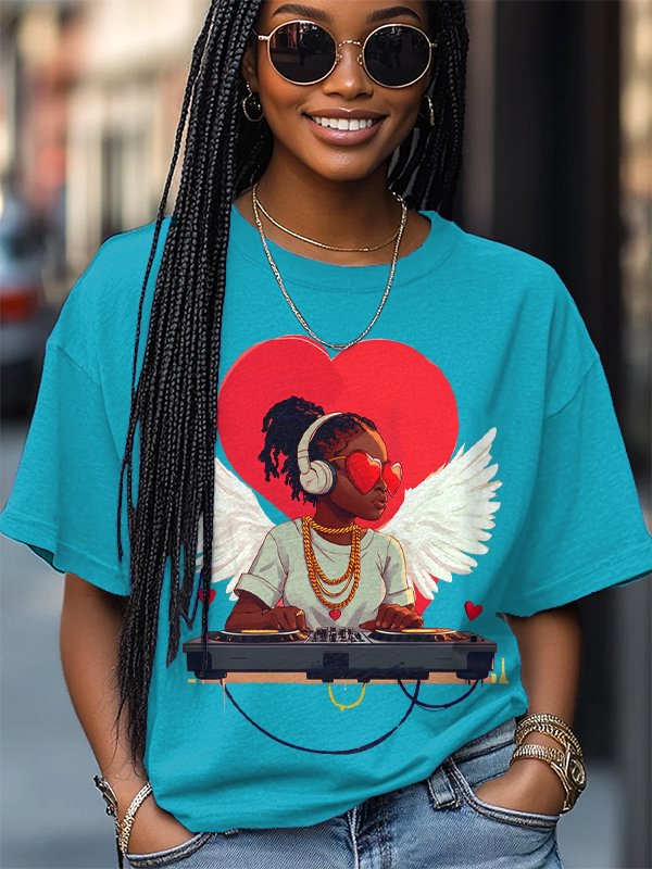 Women's Valentine's Day DJ Print Cotton Casual T-Shirt