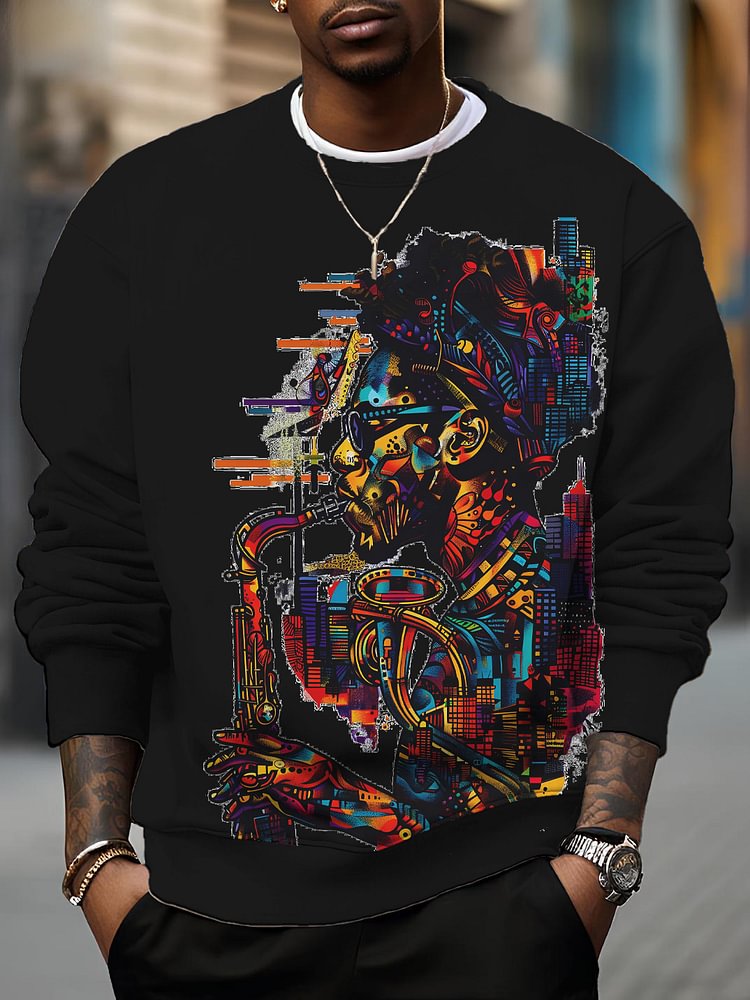 Men's Retro Abstract Art Saxophonist Print Cotton Casual Sweatshirt
