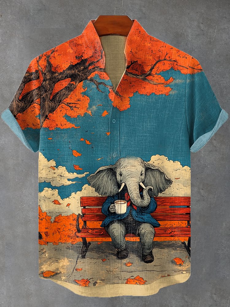 Men's Autumn Vibe Chilling Coffee Elephant Print Casual Shirt