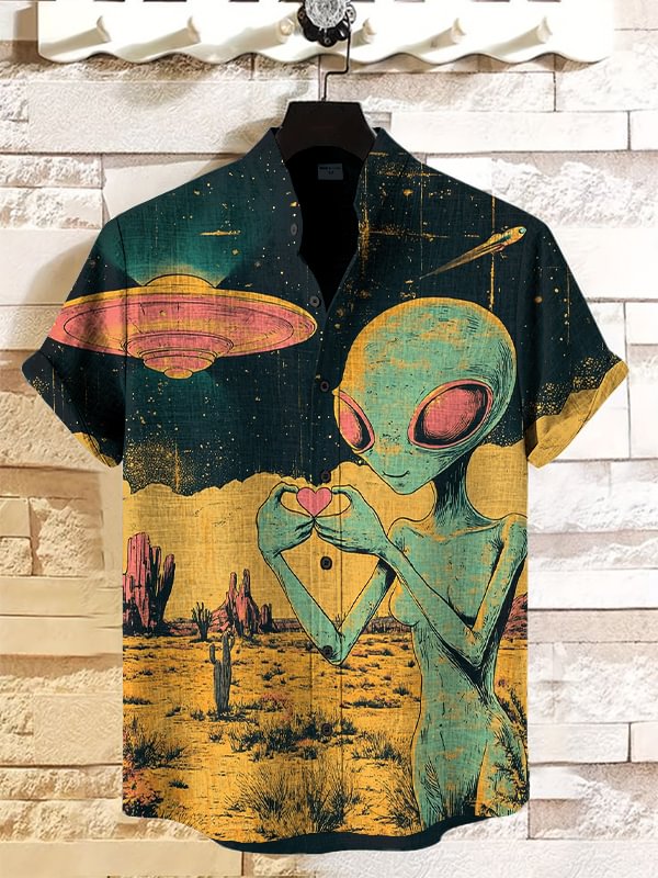 Men's UFO Alien Hand Heart Gesture Print Short Sleeve Shirt