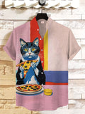 Men's Pizza Cat Colorblock Art Print Casual Shirt