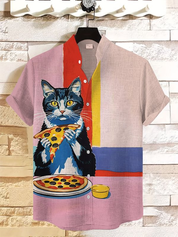 Men's Pizza Cat Colorblock Art Print Casual Shirt