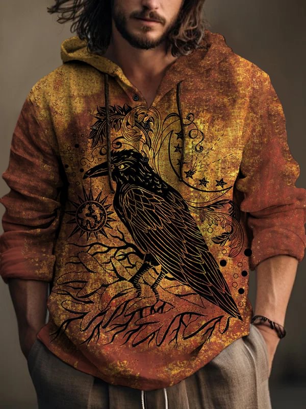 Men's Crow Art Print Hooded Shirt