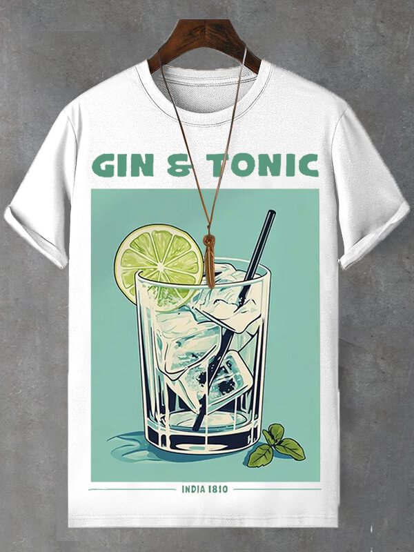 Men's Gin And Tonic Illustration Print Cotton Casual T-Shirt