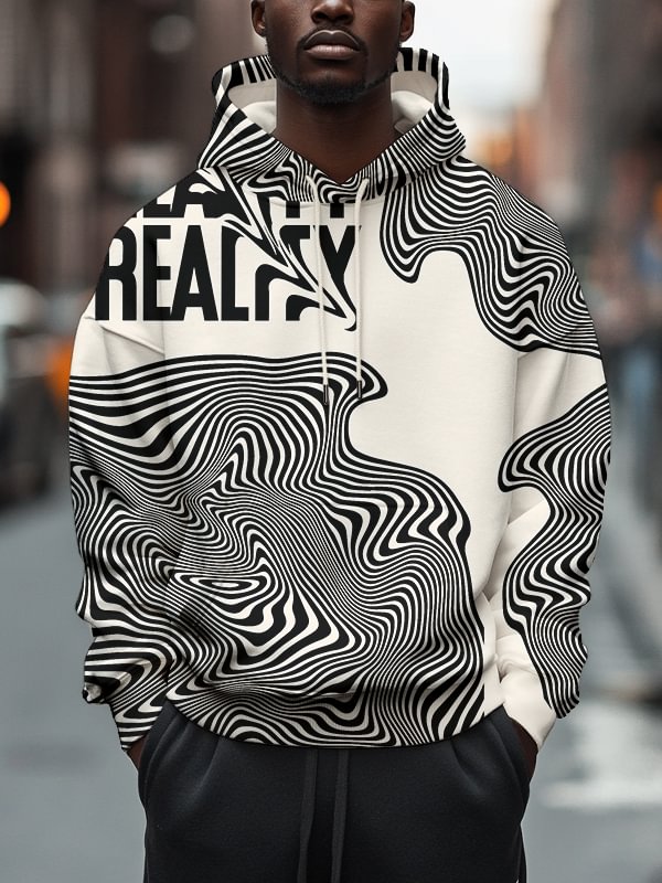 Men's Reality Twisted Line Art Print Casual Hoodie