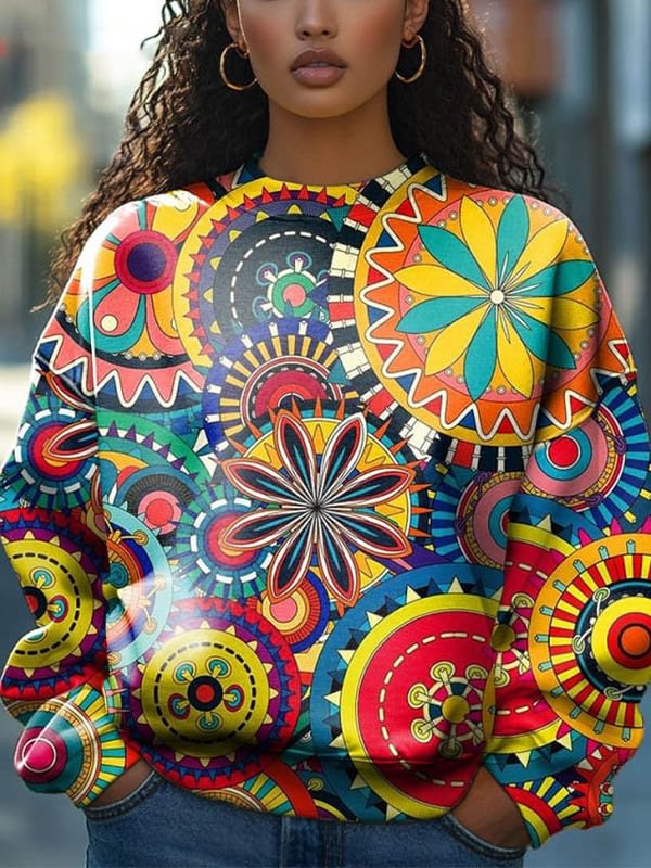 Women's Geometric Art Floral Print Casual Sweatshirt
