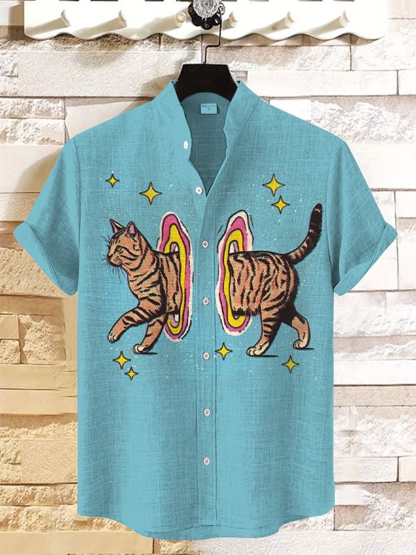 Men's Funny Shuttle Cat Print Linen Blend Shirt