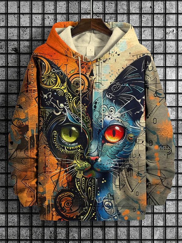 Men's Fantasy Colorful Line Drawing Cat Art Print Hooded Sweatshirt