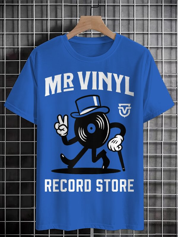 Men's Mr Vinyl Record Store Print Cotton Casual T-Shirt