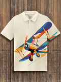 Men's Retro Cartoon Airplane Flying Painting Print Short Sleeve Polo Shirt