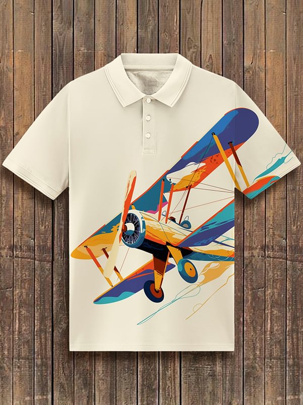 Men's Retro Cartoon Airplane Flying Painting Print Short Sleeve Polo Shirt