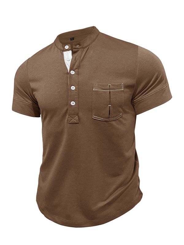 Men's Casual Plain Quilted Pocket Half Button Stand Collar Polo Shirt