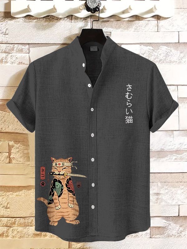 Men's Japanese Sushi Samurai Cat Print Casual Linen Blend Shirt