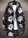 Men's Halloween Cute Ghost Print Fleece Lined Hooded Trench Coat