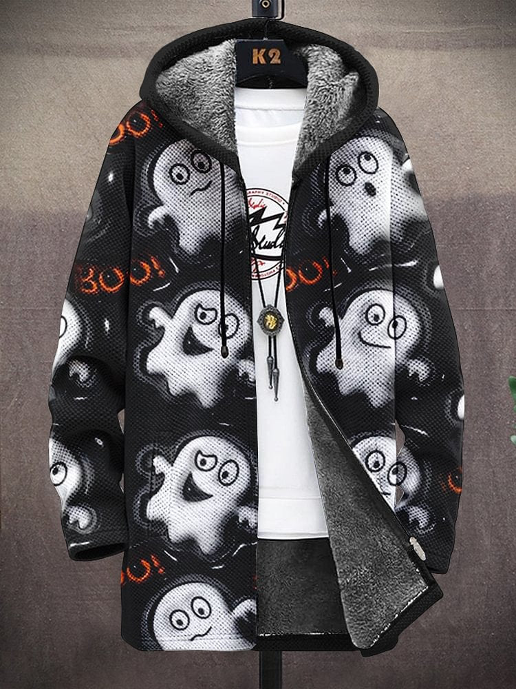 Men's Halloween Cute Ghost Print Fleece Lined Hooded Trench Coat