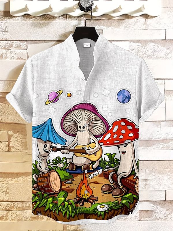 Men's Hippie Magic Mushroom Print Casual Linen Blend Shirt