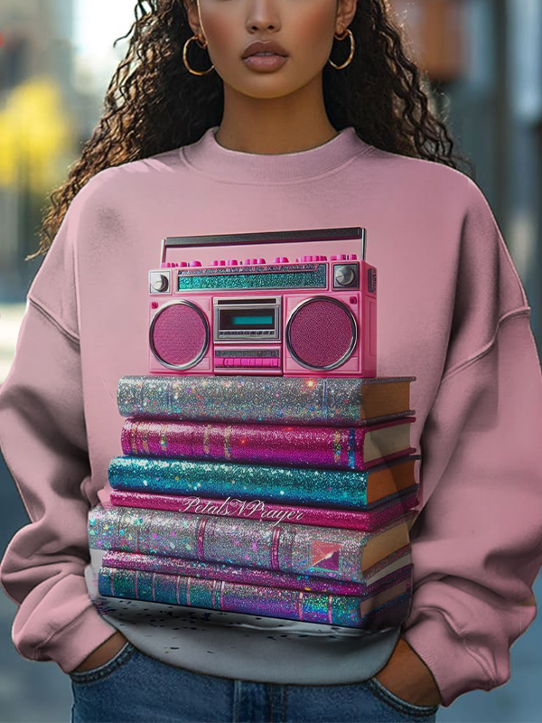 Women's Boombox and Books Art Print Cozy Sweatshirt